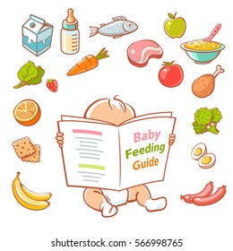 Cute little baby in diaper reading book. Baby feeding guide. Healthy meal for children. Set of vector cartoon vegetables, fruits, meat, milk icons. Smart kid read menu. 