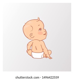 Cute little baby in diaper sitting.View from back. Cute little baby boy or girl in diaper. Active curious baby of age from 3 months to year look up. Development milestone. Childhood. First y
