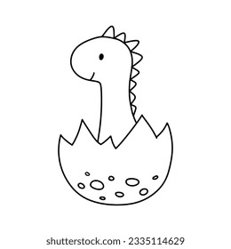 Cute little baby dinosaur in egg. Vector outline doodle illustration isolated on white background for childish coloring book