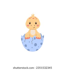Cute little baby dinosaur in egg. Cartoon vector illustration of animal for kids design.