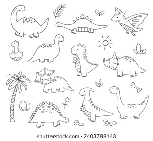 Cute little baby dinosaurs set. Vector outline doodle illustrations isolated on white background for childish coloring book. Pterodactyl and T-rex, palm tree