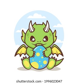 cute little baby dragon character smiling in the egg
