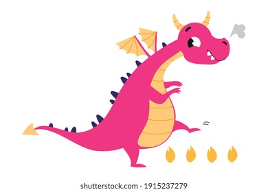 Cute Little Baby Dragon, Funny Fantastic Creature, Fairy Tale Character Cartoon Style Vector Illustration