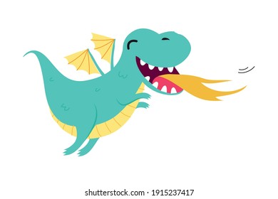Cute Little Baby Dragon Spitting Fire, Funny Fantastic Creature Fairy Tale Character Cartoon Style Vector Illustration