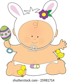 A cute little baby dressed as an Easter Bunny with a rattle and little chicks at his feet
