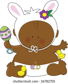 A cute little baby dressed as an Easter Bunny with a rattle and little chicks at his  feet