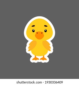 Cute little baby duck sticker. Cartoon animal character for kids cards, baby shower, birthday invitation, house interior. Bright colored childish vector illustration in cartoon style.