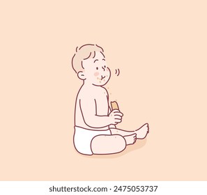 Cute little baby eating cookie. Hand drawn style vector design illustrations.