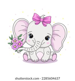 Cute little baby elephant with a bow and a bouquet of flowers. Children's theme. For the design of prints, posters, cards, puzzles, cards, badges, stickers, etc. Vector illustration