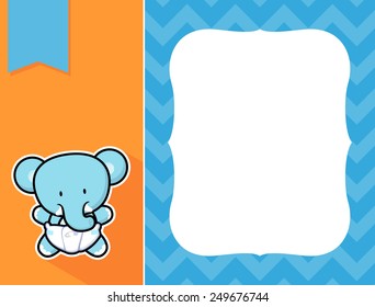 cute little baby elephant with diaper and black and white outline like a sticker and blank space for your birth announcement text, picture or invitation with decorative frame