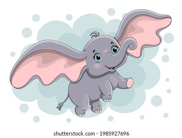 Cute little baby elephant flying across the sky using its ears instead of wings. Flat cartoon vector illustration isolated on white background