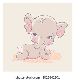 Cute little baby elephant lying on stomach, learn to crawl. Baby girl of 3-9 months. Pastels color vector illustration.