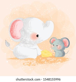 cute little baby elephant and mouse