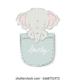 Cute little baby elephant - vector print for Baby Shower invite. Character in T-shirt pocket