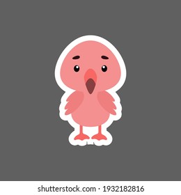 Cute little baby flamingo sticker. Cartoon animal character for kids cards, baby shower, birthday invitation, house interior. Bright colored childish vector illustration in cartoon style.