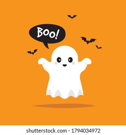 Cute little baby ghost. Funny Halloween vector illustration.