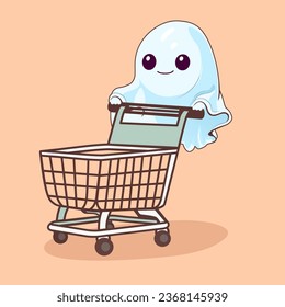 Cute little baby ghost pushing a supermarket cart, Halloween shopping. Vector minimalistic kawaii illustration