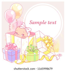 Cute Little Baby In A Gift Box. Box With A Present, Baby Shower Card. Newborn Baby Girl With A Bow Look As A Present. Vector Illustration