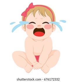 Cute little baby girl angry crying sitting sad desolated on white background