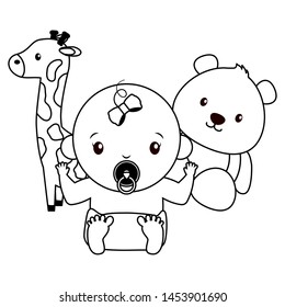 cute little baby girl with bear teddy and giraffe vector illustration design