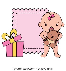 cute little baby girl with bear teddy vector illustration design