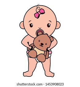 cute little baby girl with bear teddy vector illustration design