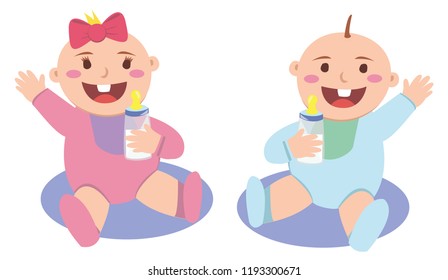 Cute little baby girl and boy smiles and holds a bottle of milk.Vector illustration