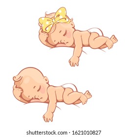 Cute Little Baby Girl, Boy Sleeping. Newborn Baby. Child Of Age From 0 Months To 6 Sleeping On Stomach, Smiling. First Year Of Child. Healthy Baby Sleep. Color Vector Illustration, Icon Isolated.