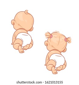 Cute little baby girl, boy in diaper crawling. Active baby of age from 3 months to year learn to crawl on knees. Baby back. Development milestones. Childhood. First year growth. Vector illustration.