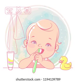 Cute little baby girl brush her teeth at mirror in bathroom. Toothbrush in hand. Open mouth. Children' hygiene. Template for mother's blog in doc
ial media. Vector illustration.