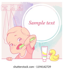 Cute little baby girl brush her teeth at mirror in bathroom. Toothbrush in hand. Open mouth. Children' hygiene. Template for mother's blog in social media. Vector illustration.