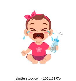 cute little baby girl cry holding empty milk bottle