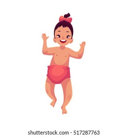 Cute little baby girl dancing happily, cartoon vector illustrations isolated on white background. Little girl, kid, child, baby, infant dancing from happiness with raised hands