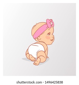 Cute little baby girl in diaper crawling. Active baby of age from 3 months to year learn to crawl on knees. Baby's back. Development milestones. Childhood. First year growth. Vector illustration.