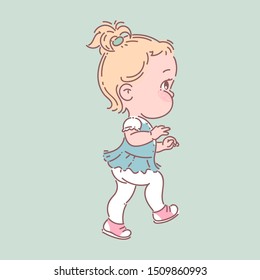 Cute little baby girl in diaper, dress, stockings. Active baby of year learn to walk First steps. Baby clothes. Toddler illustration.First year of child. Healthy baby. Color vector illustration.