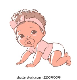 Cute little baby girl in diaper. Active baby of 3-12 months. First year baby development. Dark skin newborn crawling and smiling. Happy healthy baby African ethnic. Color vector illustration set.