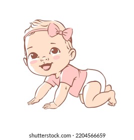 Cute little baby girl in a diaper. Active baby of 3-12 months. First year baby development. Newborn crawling and smiling. Happy healthy baby Caucasian ethnic. Color vector illustration set.