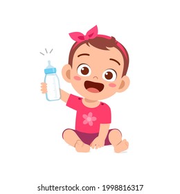 Cute Little Baby Girl Drink Milk From Bottle