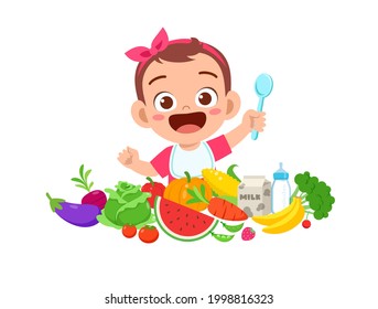 cute little baby girl eat fruit and vegetable