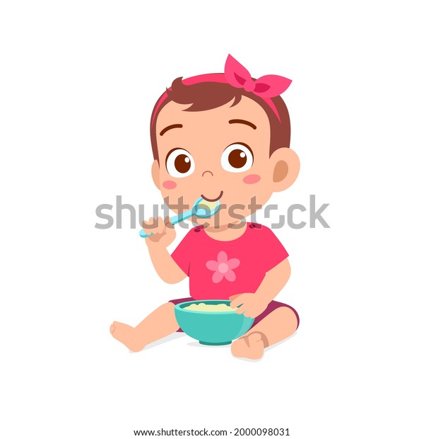 Cute Little Baby Girl Eat Porridge Stock Vector (Royalty Free ...