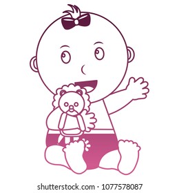 cute little baby girl embraced lion toy