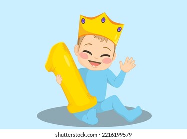 Cute little baby girl with golden bright number 1 balloon in hand. First year birthday celebration concept vector illustration