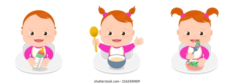 Cute Little Baby Girl, Growing Up, Catoon Illustration. Age-by-age Guide Or Eating Milestones To Feeding Baby From A Bottle Milk, To Pureed Food, And Than To Solid Food.