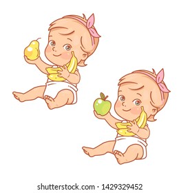 Cute little baby girl hold apple, banana and pear. Toddler child with healthy food. Organic juice, smoothie and puree. Fruit juice for baby. Girl in diaper sitting isolated. Color vector illustration.