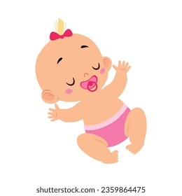 Cute Little Baby Girl or Infant in Pink Diaper Lying with Pacifier Vector Illustration