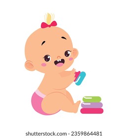 Cute Little Baby Girl or Infant in Pink Diaper Playing with Pyramid Toy Vector Illustration