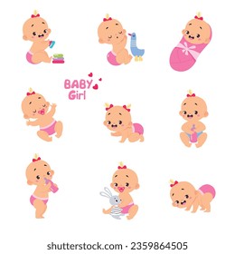 Cute Little Baby Girl or Infant in Diaper Vector Set