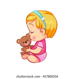 Cute little baby girl kissing her teddy bear. Adorable sitting with closed eyes cartoon toddler character. Baby emotions. Colorful vector illustration  isolated on white background.
