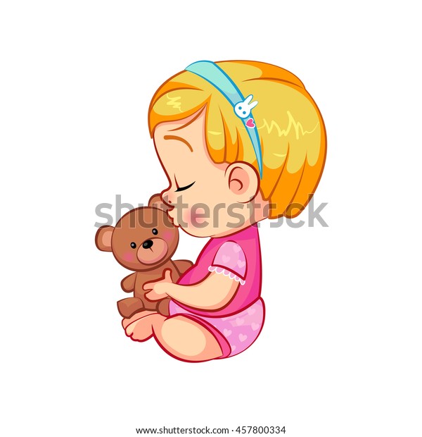 可愛い小さな女の子がテディベアにキスをした 目を閉じた漫画の幼稚なキャラクターを持つ愛らしい座り方 赤ちゃんの感情 白い背景にカラフルなベクターイラスト のベクター画像素材 ロイヤリティフリー