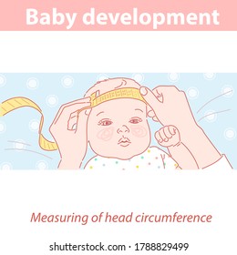 Cute little baby girl with measuring tape on head. Baby development. Measurement of head circumference. Height, weight per month. Newborn health. pediatrician s check-up  Color vector illustration.